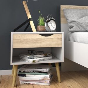 Okla Wooden Bedside Table With 1 Drawer In White And Oak