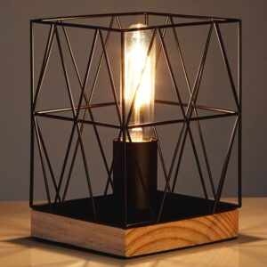 Boke Black Wire Frame Table Lamp With Natural Wooden Base