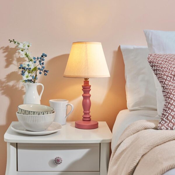 Lenoir Vintage White 20cm Shade Wood Table Lamp In Pink Clay